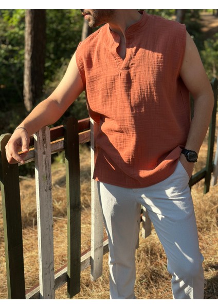 Sıfır Kol Hakim Yaka Müslin Kumaş Yazlık Erkek T-Shirt