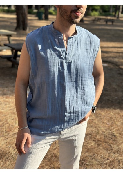 Sıfır Kol Hakim Yaka Müslin Kumaş Yazlık Erkek T-Shirt