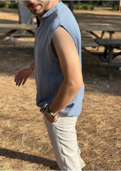 Sıfır Kol Hakim Yaka Müslin Kumaş Yazlık Erkek T-Shirt modelleri