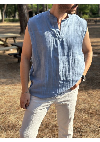 Sıfır Kol Hakim Yaka Müslin Kumaş Yazlık Erkek T-Shirt indirimleri