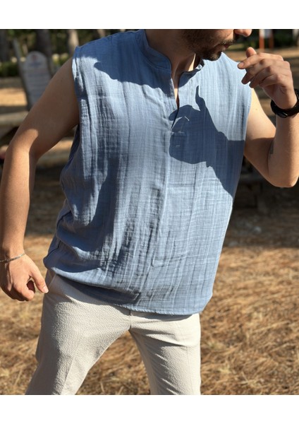 Sıfır Kol Hakim Yaka Müslin Kumaş Yazlık Erkek T-Shirt
