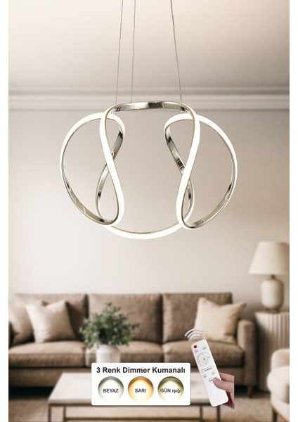 Vira 50 cm Dimmer Kumandalı 3 Renk Ledli (Sarı-Beyaz-Gün Işığı) Modern Sarkıt Avize - Krom