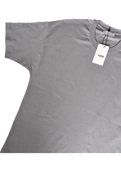 Gri Bisiklet Yaka Düz Basic Baskısız Oversize Erkek Tişört