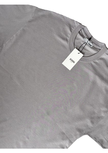 Gri Bisiklet Yaka Düz Basic Baskısız Oversize Erkek Tişört fiyatları