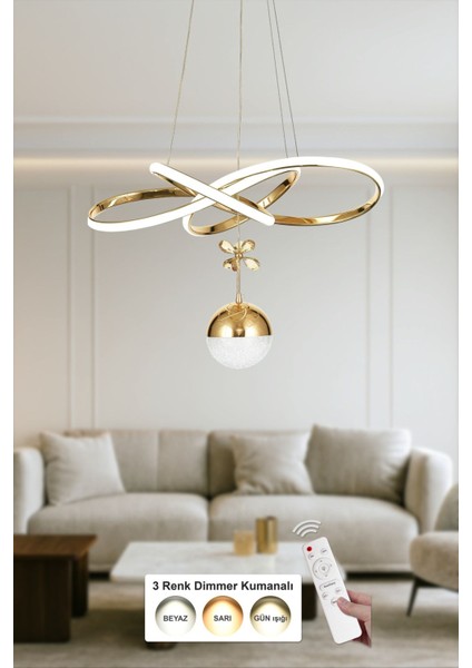 Larin Tekli Dimmer Kumandalı 3 Renk Ledli (Sarı-Beyaz-Gün Işığı) Modern Sarkıt Avize - Gold