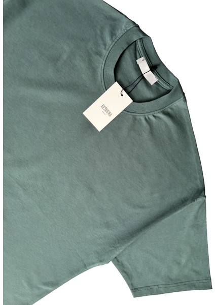 Mat Yeşil Bisiklet Yaka Düz Basic Baskısız Oversize Erkek Tişört
