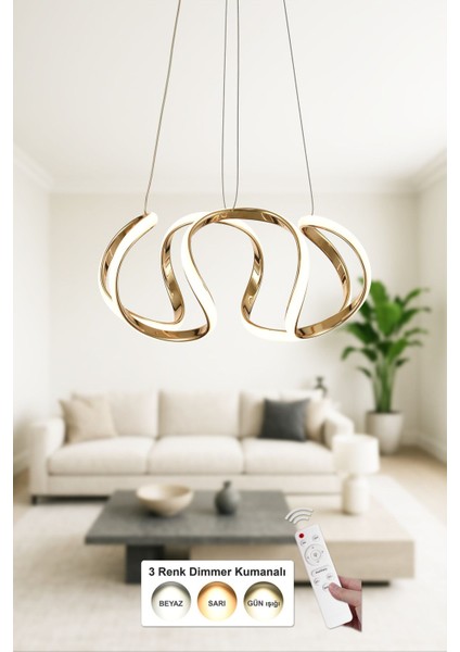 Rumi 35 cm Dimmer Kumandalı 3 Renk Ledli (Sarı-Beyaz-Gün Işığı) Modern Sarkıt Avize - Gold