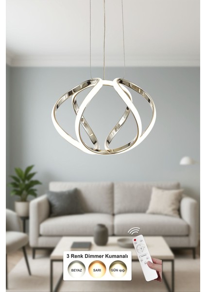 Vira 35 cm Dimmer Kumandalı 3 Renk Ledli (Sarı-Beyaz-Gün Işığı) Modern Sarkıt Avize - Krom