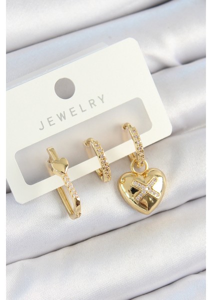 Pirinç Zirkon Taşlı Kalp Model Gold Renk 3'lü Çift Kadın Küpe Set
