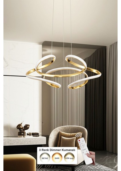 Felin 50 cm Dimmer Kumandalı 3 Renk Ledli (Sarı-Beyaz-Gün Işığı) Modern Sarkıt Avize - Gold