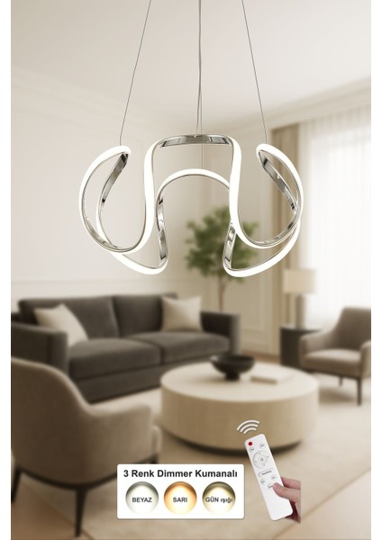 Rumi 50 cm Dimmer Kumandalı 3 Renk Ledli (Sarı-Beyaz-Gün Işığı) Modern Sarkıt Avize - Krom