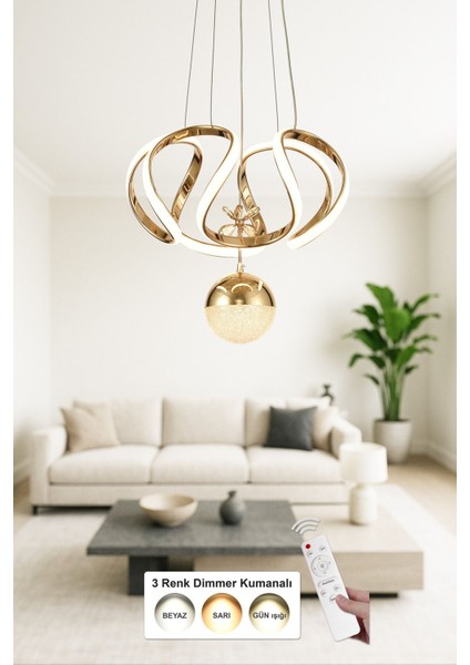 Rumi Tekli Dimmer Kumandalı 3 Renk Ledli (Sarı-Beyaz-Gün Işığı) Modern Sarkıt Avize - Gold