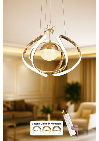 Vira Tekli Dimmer Kumandalı 3 Renk Ledli (Sarı-Beyaz-Gün Işığı) Modern Sarkıt Avize - Gold