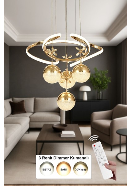 Felin 4'Lü Dimmer Kumandalı 3 Renk Ledli (Sarı-Beyaz-Gün Işığı) Modern Sarkıt Avize - Gold