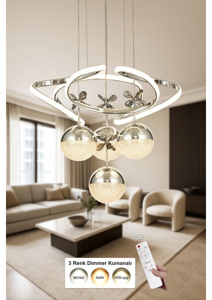Felin 4'Lü Dimmer Kumandalı 3 Renk Ledli (Sarı-Beyaz-Gün Işığı) Modern Sarkıt Avize - Krom