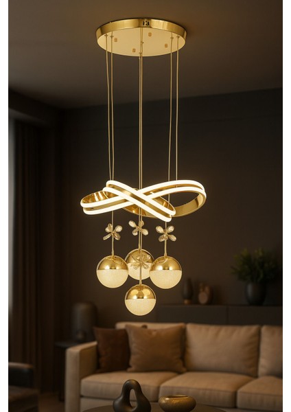 Atom 4'Lü Dimmer Kumandalı 3 Renk Ledli (Sarı-Beyaz-Gün Işığı) Modern Sarkıt Avize - Gold