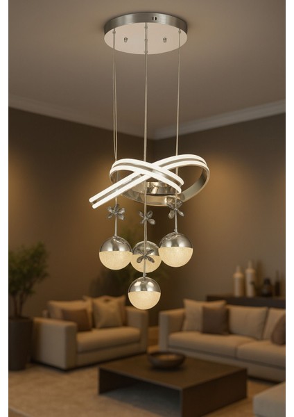 Atom 4'Lü Dimmer Kumandalı 3 Renk Ledli (Sarı-Beyaz-Gün Işığı) Modern Sarkıt Avize - Krom