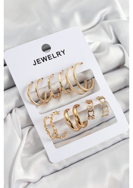 Pirinç Karışık Halka Model Gold Renk 6 Çift Kadın Küpe Set