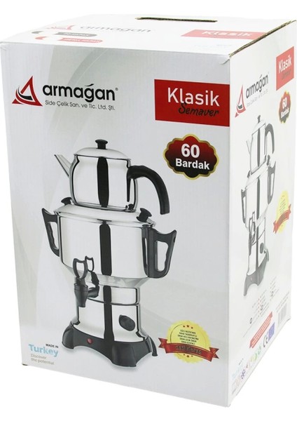Klasik Çay Seti=demlik - Su Kazanı Elektrikli Semaver 60 Bardak 6lt - Tek Musluk 1500W Gizli Rezistans