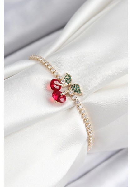 Pirinç Zirkon Taşlı Kiraz Model Gold Renk Asansörlü Kadın Bileklik - TJ-BB7455