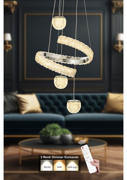 Milly 3'lü Dimmer Kumandalı 3 Renk Ledli (SARI-BEYAZ-GÜN IŞIĞI) Modern Akrilik Avize - Krom