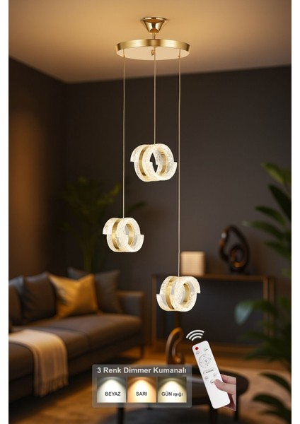 Savona 3 lü Sarkıt Dimmer Kumandalı 3 Renk Ledli (Sarı-Beyaz-Gün Işığı) Modern Akrilik Avize -Gold
