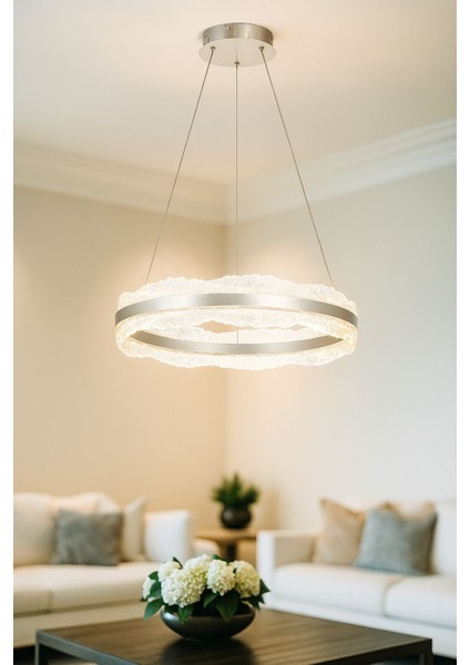 Toledo 60 cm Dim Kumandalı 3 Renk Ledli (Sarı-Beyaz-Gün Işığı) Modern Akrilik Avize - Silver