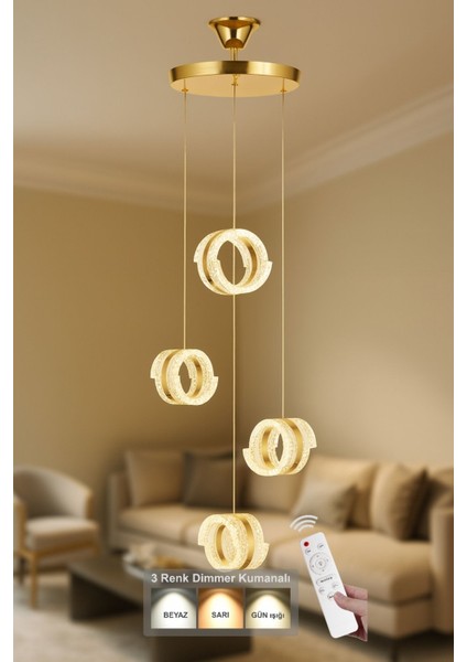 Savona 4 lü Sarkıt Dimmer Kumandalı 3 Renk Ledli (Sarı-Beyaz-Gün Işığı) Modern Akrilik Avize -Gold