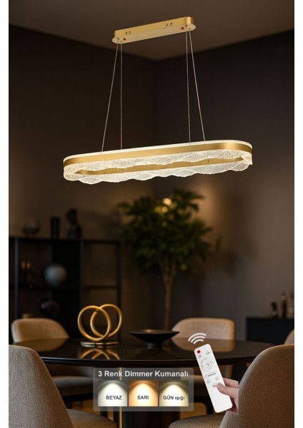 Estilo 100x30 cm Dim Kumandalı 3 Renk Ledli (Sarı-Beyaz-Gün Işığı) Modern Akrilik Avize -Sarı Yaldız