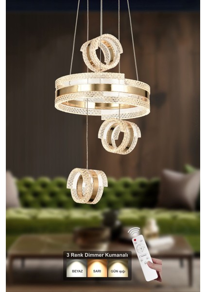Savona 3 Lü Dimmer Kumandalı 3 Renk Ledli (SARI-BEYAZ-GÜN IŞIĞI) Modern Akrilik Avize -gold