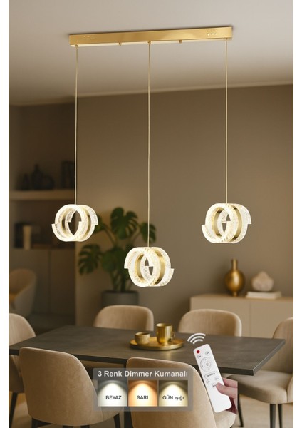 Savona 3 lü Yemek Masası Üstü Dim Kumandalı 3 Renk Ledli (Sarı-Beyaz-Gün Işığı) Akrilik Avize -Gold