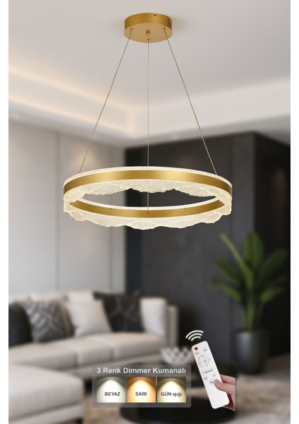 Estilo 60 cm Dimmer Kumandalı 3 Renk Ledli (Sarı-Beyaz-Gün Işığı) Modern Akrilik Avize - Sarı Yaldız