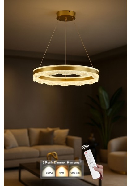 Estilo 60 cm Dimmer Kumandalı 3 Renk Ledli (Sarı-Beyaz-Gün Işığı) Modern Akrilik Avize - Sarı Yaldız fiyatları