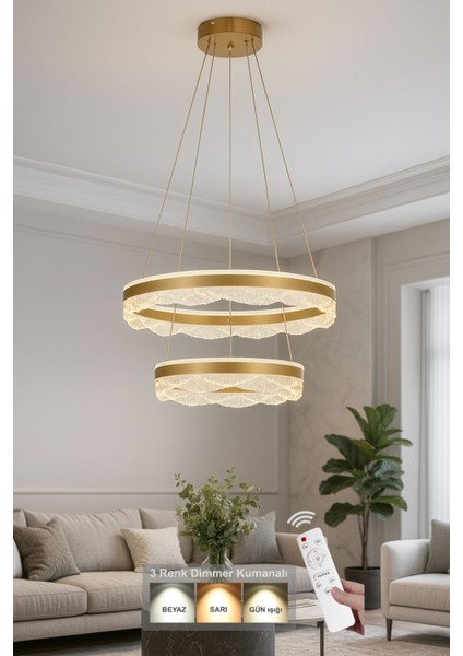 Estilo 2 Katlı Dim Kumandalı 3 Renk Ledli (Sarı-Beyaz-Gün Işığı) Modern Akrilik Avize -Sarı Yaldız