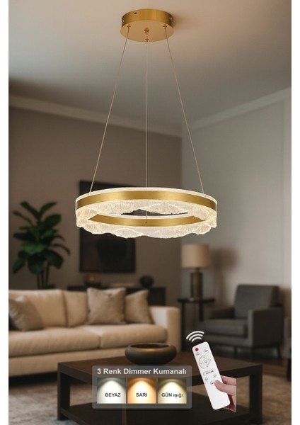 Estilo 50 cm Dimmer Kumandalı 3 Renk Ledli (Sarı-Beyaz-Gün Işığı) Modern Akrilik Avize - Sarı Yaldız