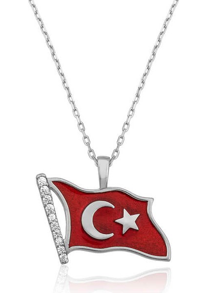 Gümüş Türk Bayrağı Bayan Kolye