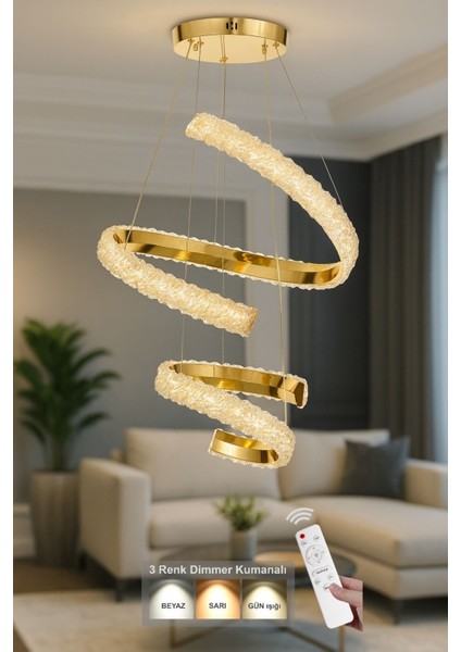 Milly 50+30 cm Dimmer Kumandalı 3 Renk Ledli (Sarı-Beyaz-Gün Işığı) Modern Akrilik Avize -Gold