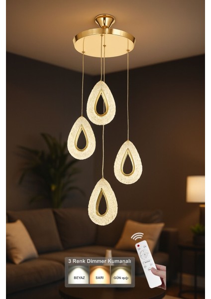 Dali 4'Lü Ledli Dim Kumandalı Modern Akrilik Sarkıt Avize (3 Renk Led; Sarı-Beyaz-Gün ışığı) - GOLD