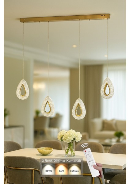 Dali 4'Lü Ledli Dim Kumandalı Modern Yemek Masası Üstü Avize (3 Renk Led; Sarı-Beyaz-Gün ışığı)-GOLD
