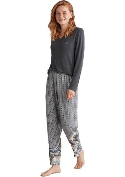 Nautıca W618 Kadın Patlı V Yaka Uzun Kollu Pijama Takımı