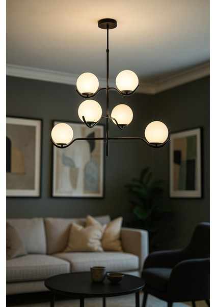 Ranya 6 lı Beyaz Camlı Salon Oturma Odası Modern Kollu Avize - (Siyah)