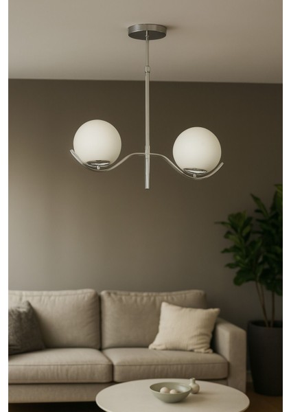 Ranya 2 li Beyaz Camlı Salon Oturma Odası Modern Avize - (Krom Kaplama)