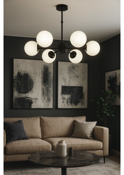 Miya 6 lı Beyaz Camlı Salon Oturma Odası Modern Sarkıt Avize - (Siyah)