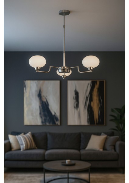 Vanna 3 lü Beyaz Camlı Salon Oturma Odası Modern Sarkıt Avize - (Krom Kaplama)