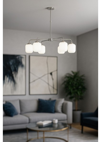 Siena 6 lı Beyaz Camlı Salon Oturma Odası Modern Sarkıt Avize - (Krom Kaplama)