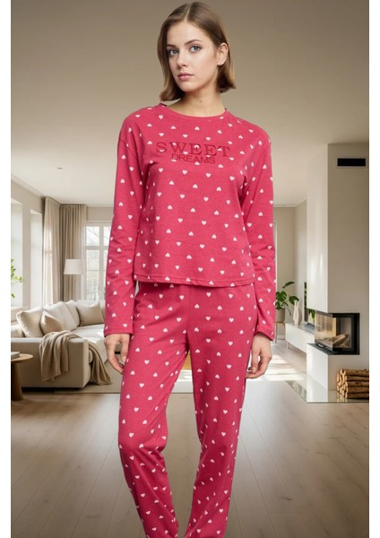 Pamuklu Örme Pijama Takımı Kalpli Desen Lastikli Paça Rahat Uyku Uzun Ömürlü Yüksek Kalite
