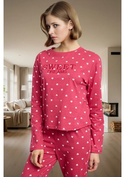 Pamuklu Örme Pijama Takımı Kalpli Desen Lastikli Paça Rahat Uyku Uzun Ömürlü Yüksek Kalite fiyatları