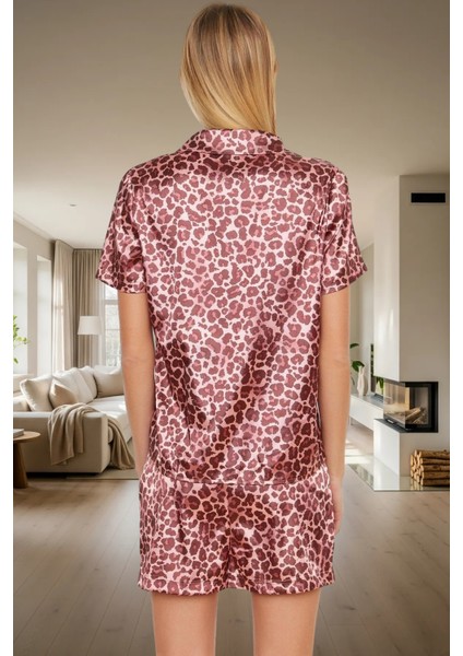 Rahat Yazlık Pijama Takımı Leopar Desenli Saten Şortlu Gömlek Premium Kalite Şık Görünüm modelleri