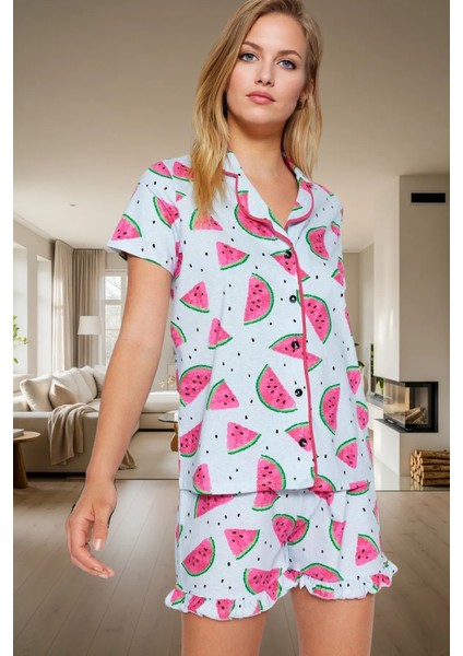 Rahat %100 Pamuklu Karpuz Desenli Pijama Takımı Kısa Kollu Boru Paça Regular Kalıp Konforlu Kesim