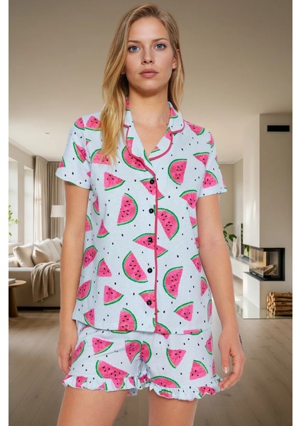 Rahat %100 Pamuklu Karpuz Desenli Pijama Takımı Kısa Kollu Boru Paça Regular Kalıp Konforlu Kesim modelleri